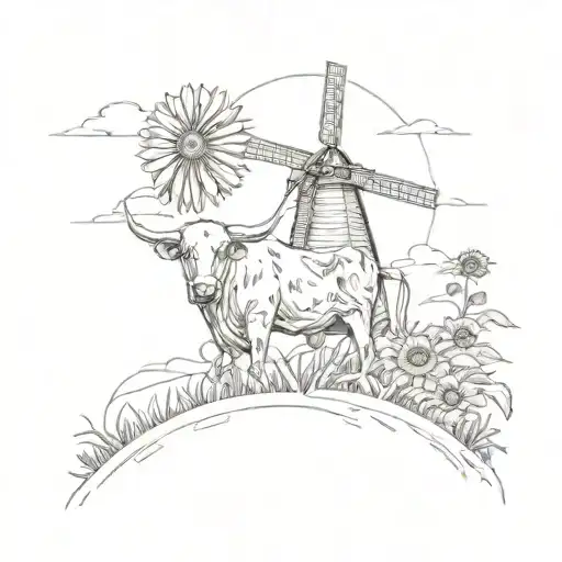 A Longhorn Cow Grazing In A Field Of Sunflowers With A Windmill In The Background