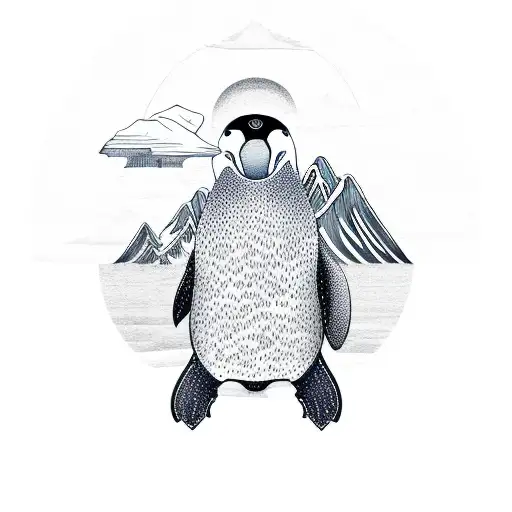 Penguine With Glacier And Mountain Outline