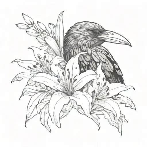 The Head Of Black Raven And White Lilies