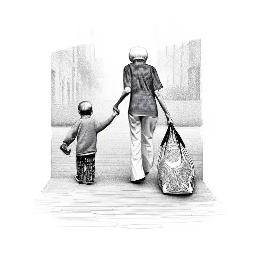 Grandmother With His Grandson Walking And Holding Hands And Carrying Bags