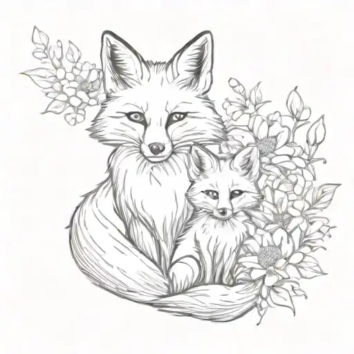 Fox Mother And Baby With Flowers