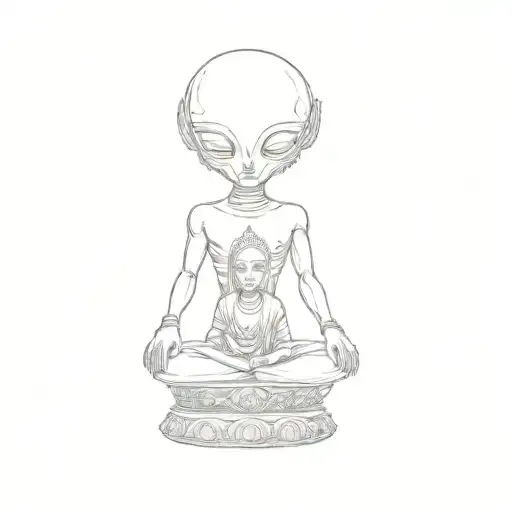 An Alien Sitting On A Buddha Statue