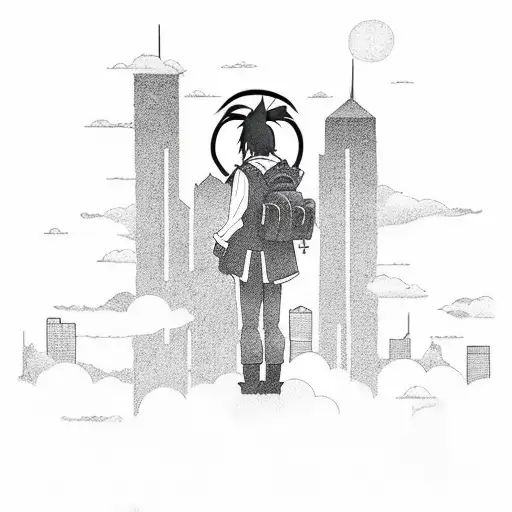 Create A Minimalist Silhouette Tattoo Of Itachi Akatsuki Overlooking A City Skyline