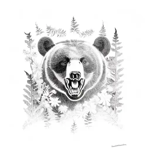 Formosan Black Bear Surrounded By Silver Ferns And Edelweiss Flowers