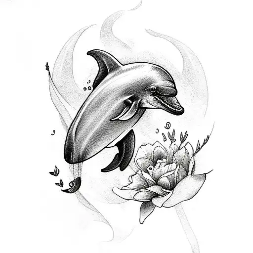 A Tattoo Design Of A Dolphin Swimming Among Flowers
