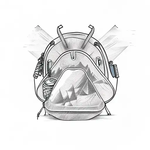 A Sketch-style Tattoo Of A Backpack Surrounded By Various Water Sports Equipment
