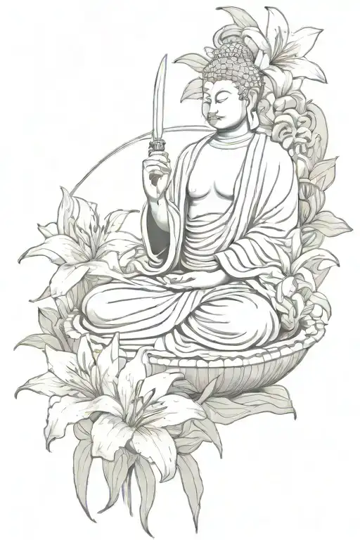 Buddha Statue With A Samurai Sword And Tiger Lilies In The Foreground