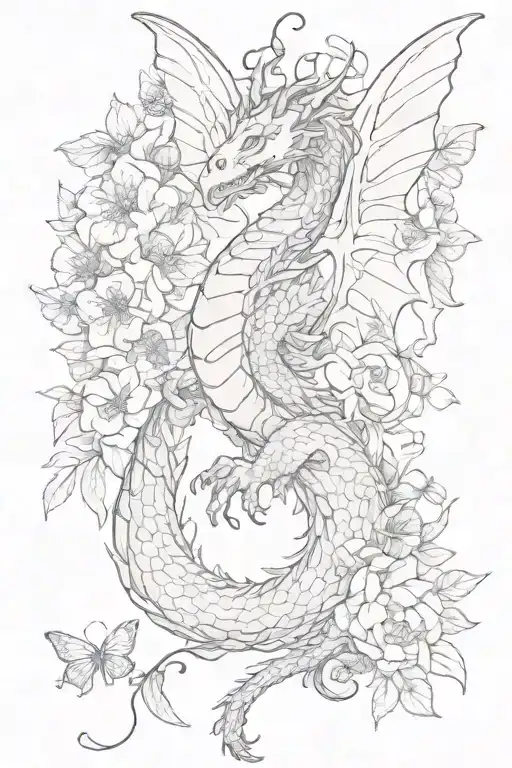 Dragon With Butterfly Wings And Flowers