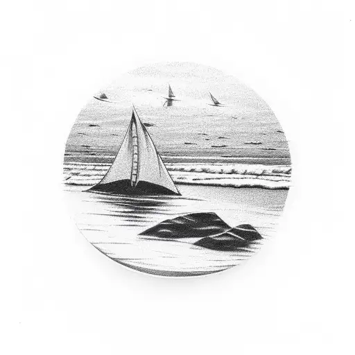 A Poker Chip With A Beach Scene Engraved On It