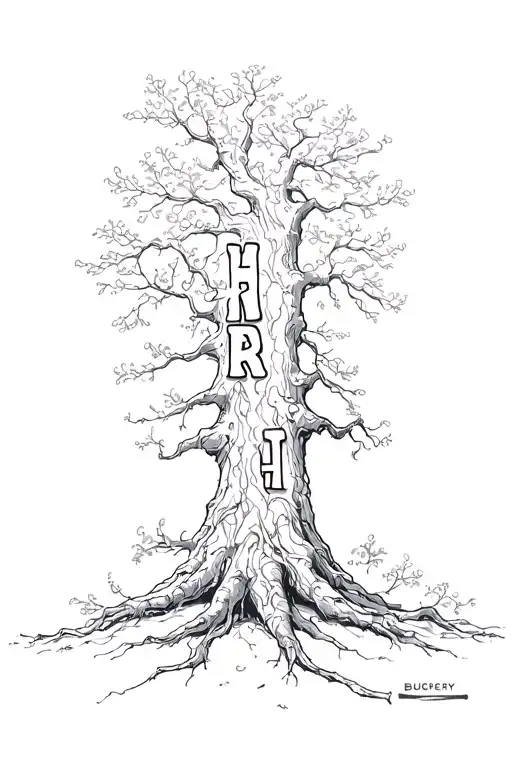Tree With The Letters Brh In Buchery Regular Font Going Vertical In The Trunk
