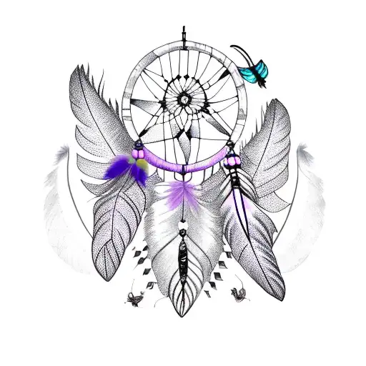 Dreamcatcher With Black Strings And Black Feathers With Purple And Teal Butterflies And Moths