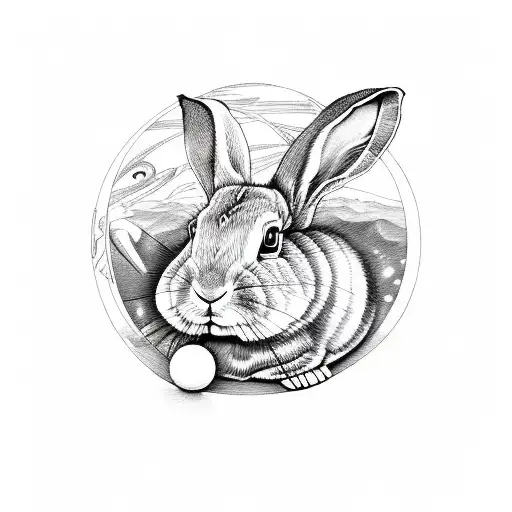 Rabbit Line Drawing Surrounded By Saturn