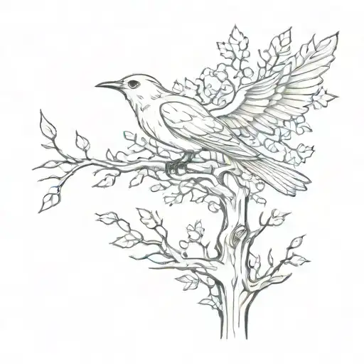 A Tree With A Crown And Foliage And A Bird Flying Schematically