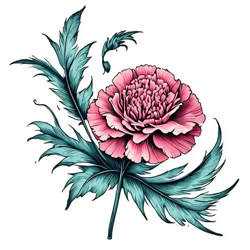 Carnation Growing With Feather Swirling Through Wind