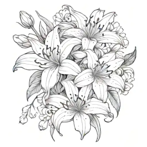 Two Lily Of The Valleys And One Chrysanthemum Tied In A Bouquet Fine Line