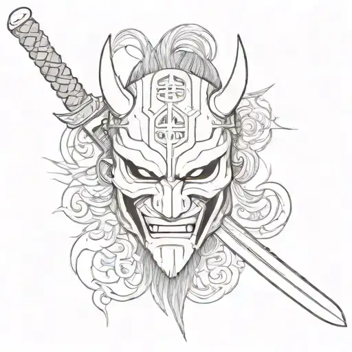 A Hanja Mask With A Katana In Its Mouth