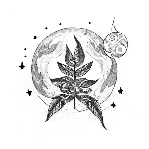 A Sketch-style Tattoo Of The Ayahuasca Vine And Leaves With The Moon And Stars Shining Above