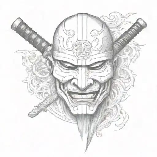A Hanja Mask With A Katana In Its Mouth