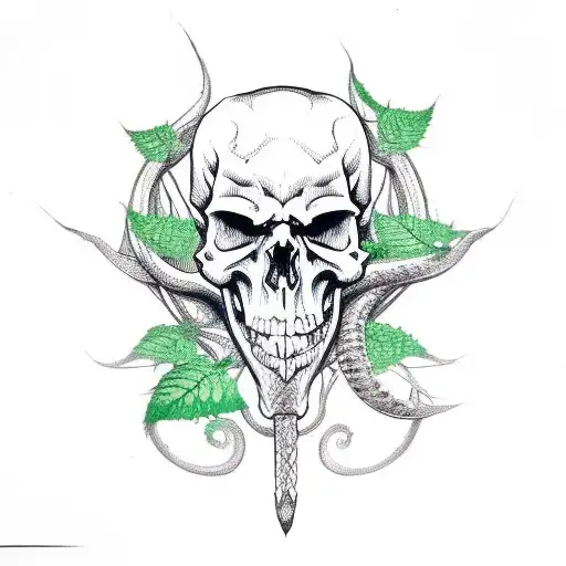 A Skull With An Evil Snake In Green Leaves And Flames