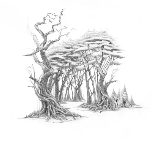 A Dark Forest Scene With Skeletal Animals And Fairies