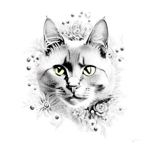 A Mystical Black Cat Adorned With Shimmering Pearls And Delicate Flowers