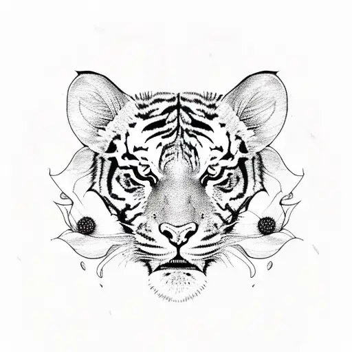 Cartoon Tiger Head With Lily Flowers