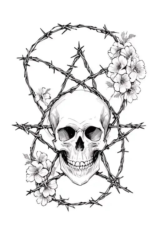 Skull And Bones Pentagram Barbed Wire Wrapped With Dead Flowers Surrounding