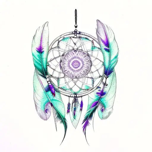 Dreamcatcher With Black Strings And Feathers With Purple And Teal Butterflies And Moths
