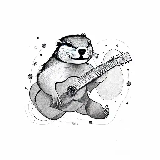 A Beaver Playing A Guitar With A Background Of Shooting Targets And Military Planes Flying Overhead