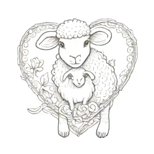 Sheep Stuffed Animal Leaning On Bunny Stuffed Animal Inside A Lace Love Heart