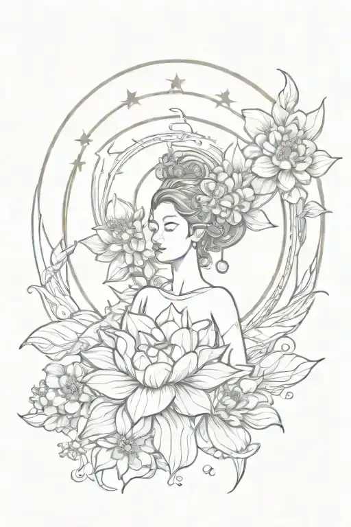 Moon Goddess Symbols With Random Flowers On Side With A Lotus Flower On The Top