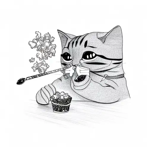 Line Sketch Of A Human Person Wearing A Cat Onesie Eating Popcorn