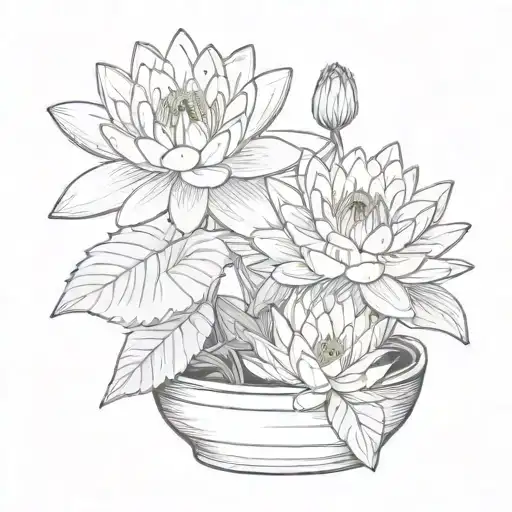 Two Water Lily Flowers And A Chrysanthemum Flower In A Small Pot