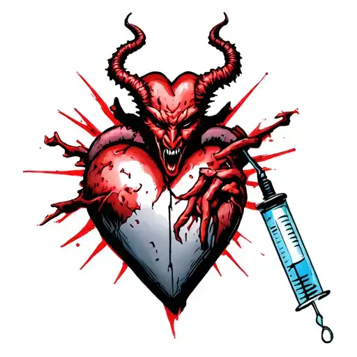 Devil Comi G Out Of A Syringe Connected To Heart