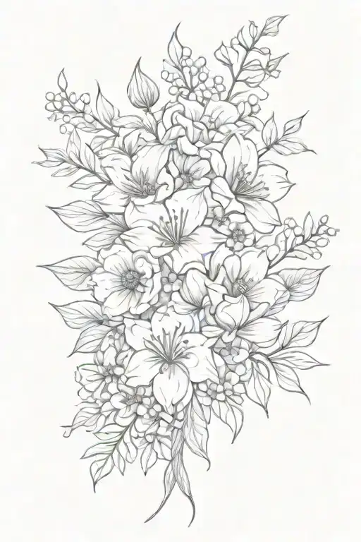 February April June September Birth Flower Bouquet Fine Line