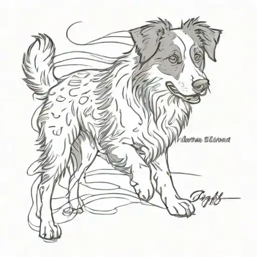 A Sketch Style Tattoo Of An Australian Shepherd Playing With A Literary Quote
