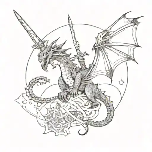 A Detailed Blackwork Dragon Wrapped Around A Sword With A Space Background