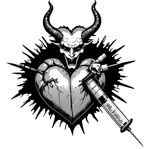Devil Comi G Out Of A Syringe Connected To Heart