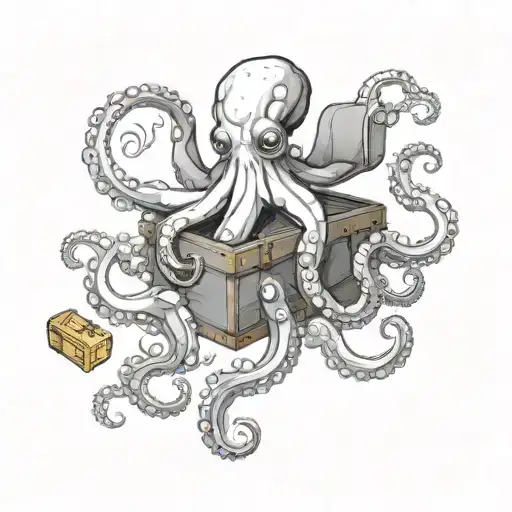 A Black And White Design Of A Realistic Octopus Holding A Treasure Chest And Rolling Dice