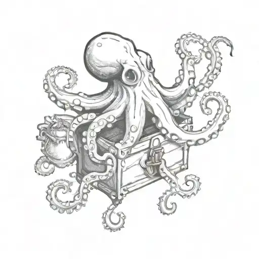 A Black And White Design Of A Realistic Octopus Holding A Treasure Chest And Rolling Dice