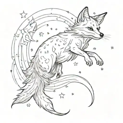 A Sketch-style Tattoo Of A Fox And Fish Dancing Among The Stars