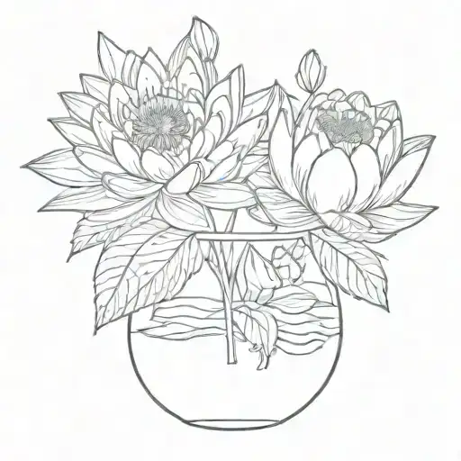 Two Water Lily Flowers And A Chrysanthemum Flower In A Bulb Vase