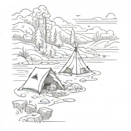 A Camping Scene By The River With A Bonfire And Tent
