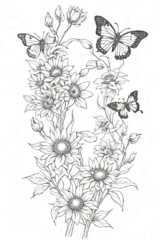 Willow Branches With Daisies And Sunflowers And Butterflies