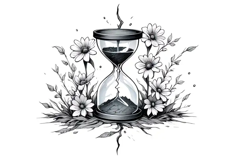 Broken Hourglass With Flowers Growing Out Of It In All Directions