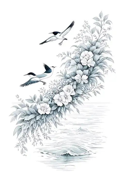 Linear Botanical Drawing With Birds And Ocean