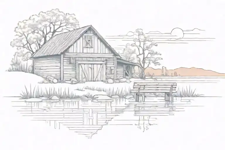 Barn And Bench In Front Of A Sunset Over A Pond Ripples