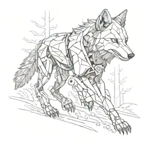 A Robotic Wolf Running Through A Forest At Sunset