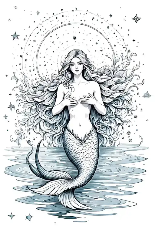 Sexy Mermaid Opening Her Chest Revealing The Universe With Her Hands And A Long Tail With Water