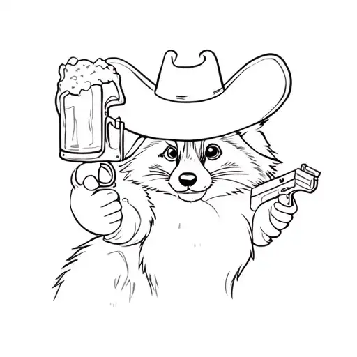 A Raccoon Wearing A Cowboy Hat Holding A Cowboy Gun And Holding A Beer